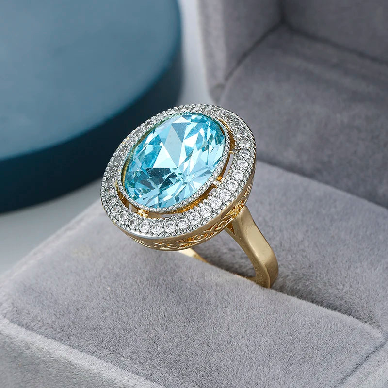 1pc Round Shaped Women Two Tone Ring Gentle Wedding Party Inlaid Brilliant Blue Cubic Zirconia Fashion Party Accessories Jewelry