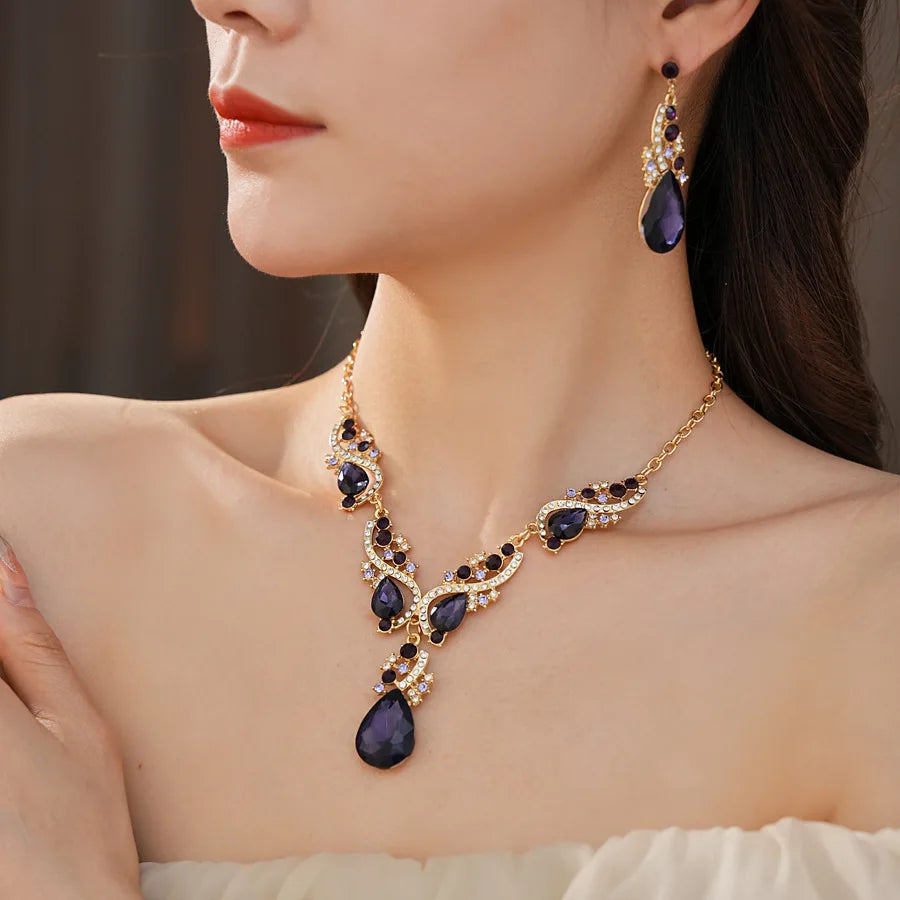 Purple Rhinestone Pendant Necklaces Drop Earrings Party Banquet Jewelry Set Vintage Water Drop Necklace Earrings Accessories H