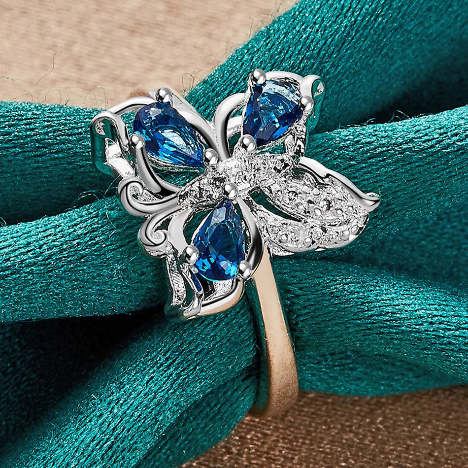 URMYLADY 925 Sterling Silver Butterfly Blue Zircon 7-10# Ring For Women Fashion Wedding Party Charm Jewelry