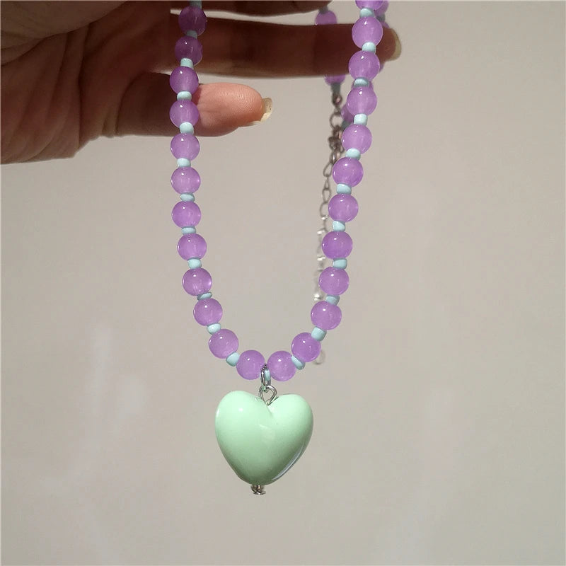2026 New Color Beaded Chain Resin Heart Pendant Necklace For Women Girls Trendy Clavicle Chain Delicate Jewelry Gift