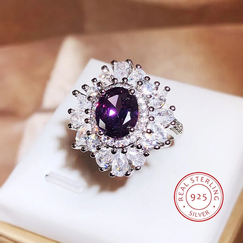 Classic Long Pillow Deep Purple Zircon Full Diamond Ring For Women 925 Silver Fashion Simulation Amethyst Open Ring Wedding Gift