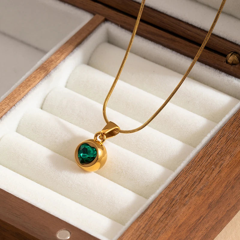 ANENJERY 316L Stainless Steel Round Bead Inlaid Heart Zircon Necklace For Women Luxury Design Simple Jewelry Gifts Wholesale