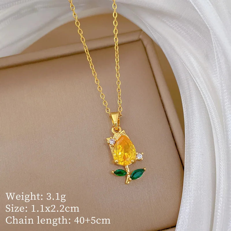 316L Stainless Steel Luxury Zircon Flower Pendant Necklace For Women Girl New Trend Clavicle Chain Jewelry Lady Gift