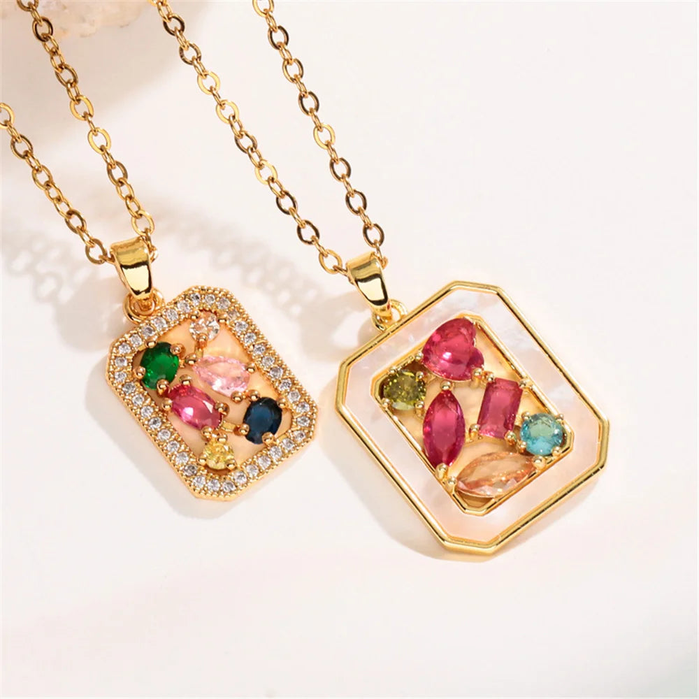 Boho Small Moon Square Charm Female Rainbow Zircon Fashion Pendant Necklace Gold Color Wedding Jewelry For Cute Luxury Women