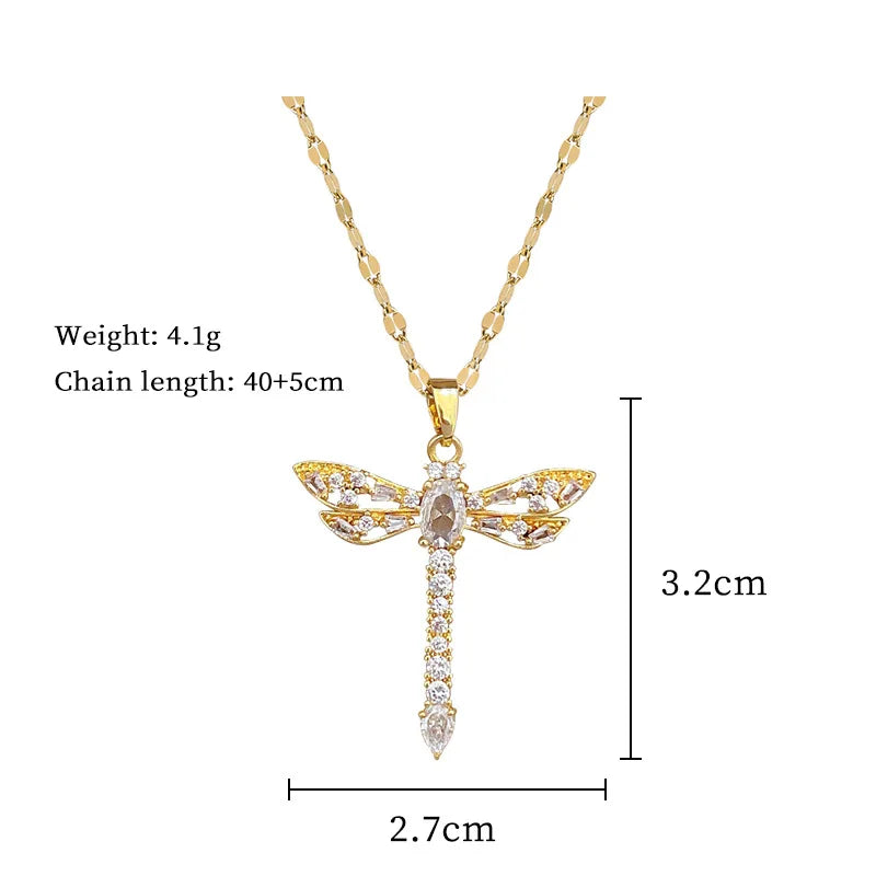 EILIECK 316L Stainless Steel Dragonfly Butterfly Shiny Cubic Zircon Pendant Necklace for Women Luxury Neck Chain Fashion Jewelry