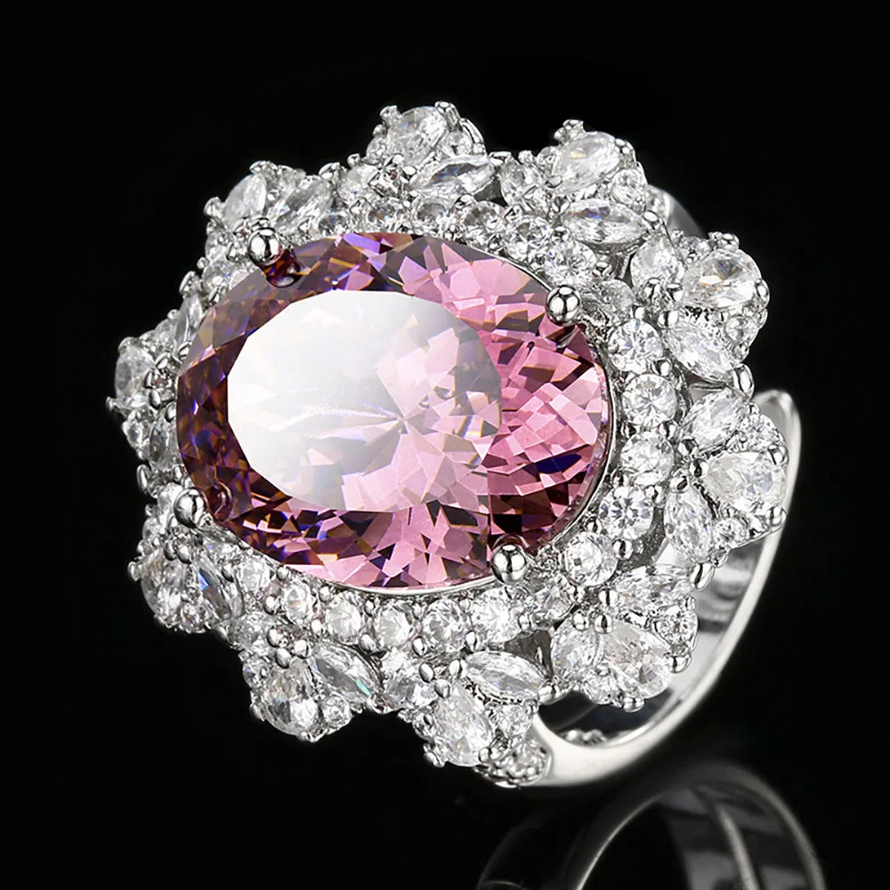 New Vintage 12*16mm Amethyst  Pink Quartz Pendant Necklace Rings for Women Gemstone Lab Diamond Party Jewelry Sets Birthday Gift