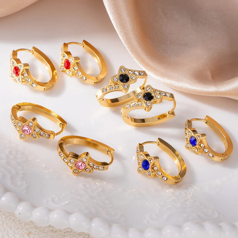 ANENJERY 316L Stainless Steel Colorful Zircon Flower Star Earrings For Women Men Personality French Party Jewelry Gift Wholesale