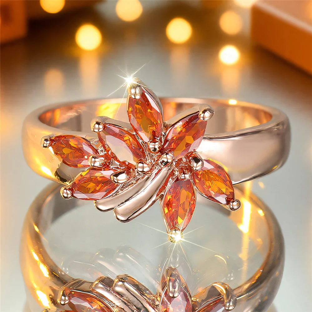 Cute Female Red Zircon Stone Tree Leaf Ring Rose Gold Color Engagement Charm Wedding Jewelry For Women