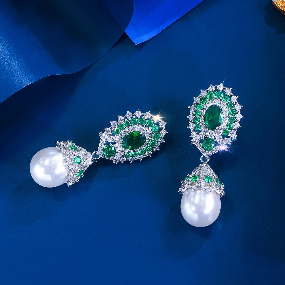 ThreeGraces Luxury Shiny Green White Zirconia Fashion Bridal Wedding Party Big Simulated Pearl Earrings for Women Jewelry E2035