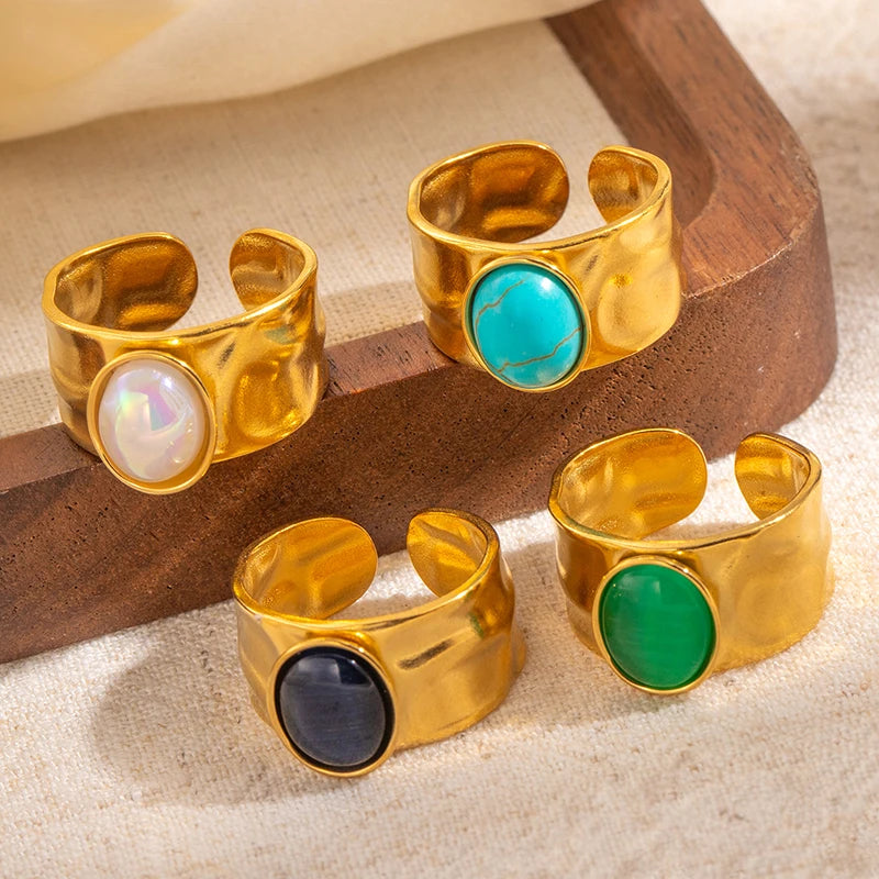ANENJERY 316L Stainless Steel Colorful Stone Wide Smooth Open Ring for Women Men Elegant Noble Jewelry Gifts Wholesale