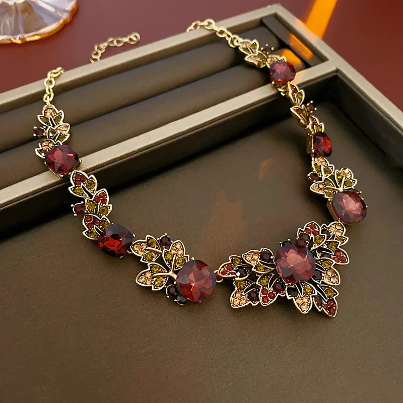 Unique Design Square Leaf Earrings Choker Nacklace for Women Light High-end Red Rhinestone Jewelry Sets Anniversary Gift H