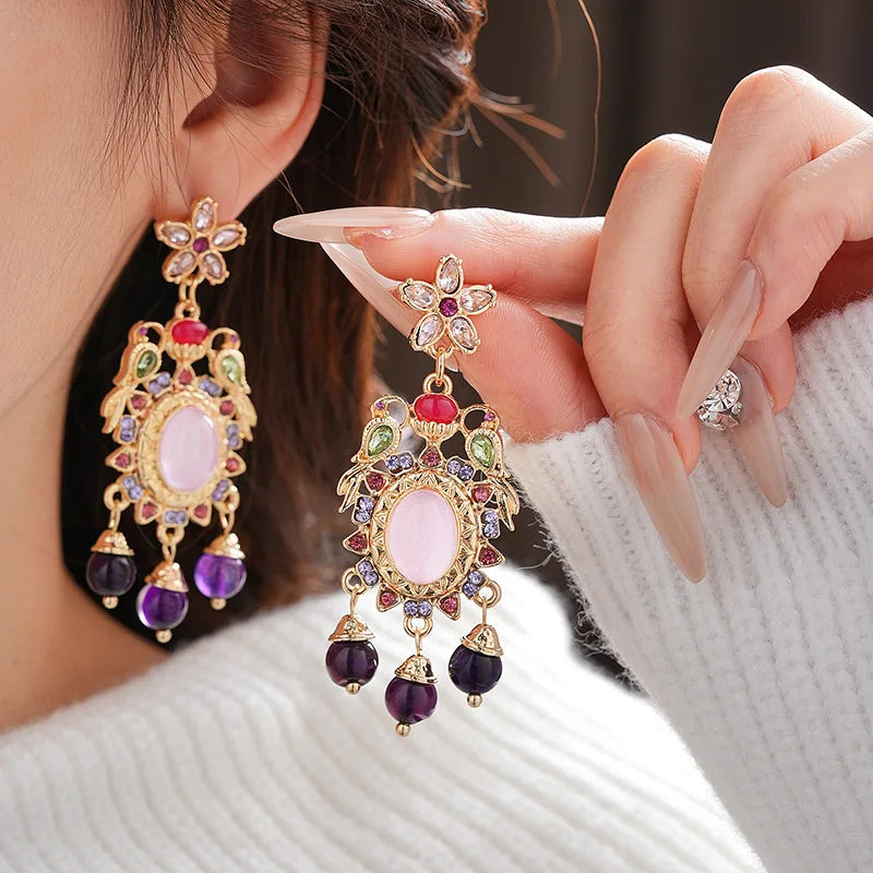 Mediaeval Retro Oval Resin Dangle Earrings Palace Style Rhinestones Flowers Tassels Pendant Ear Drops Jewelry Pendientes Mujer N