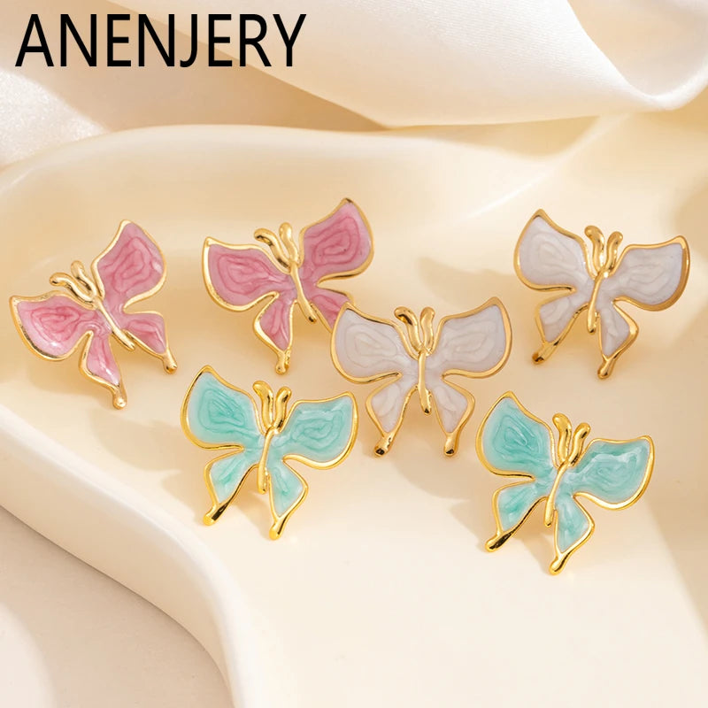 ANENJERY 316L Stainless Steel Drop Oil Butterfly Stud Earrings For Women Delicate Elegant Vintage French Jewelry Gifts Wholesale