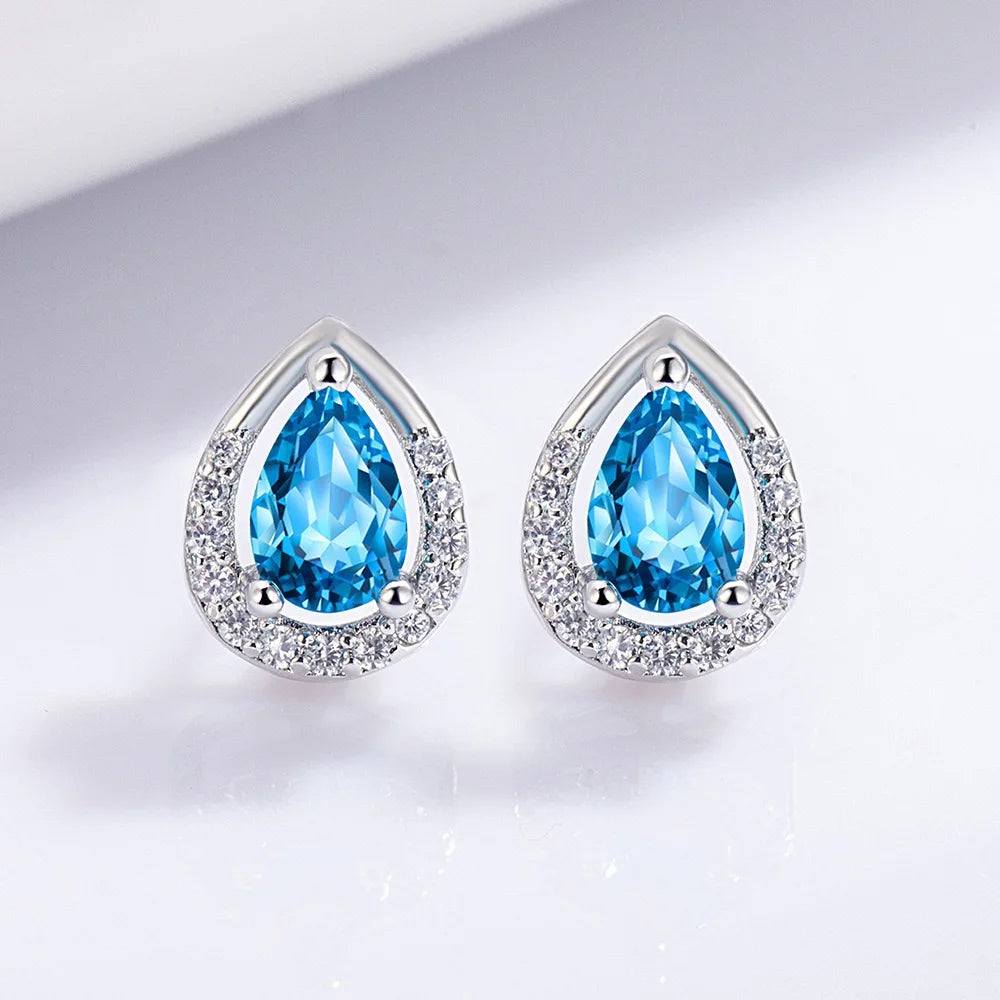 925 Sterling Silver Teardrop Shape Blue CZ Pendant Necklace Earrings Set for Women Wedding Necklace Gift Jewelry