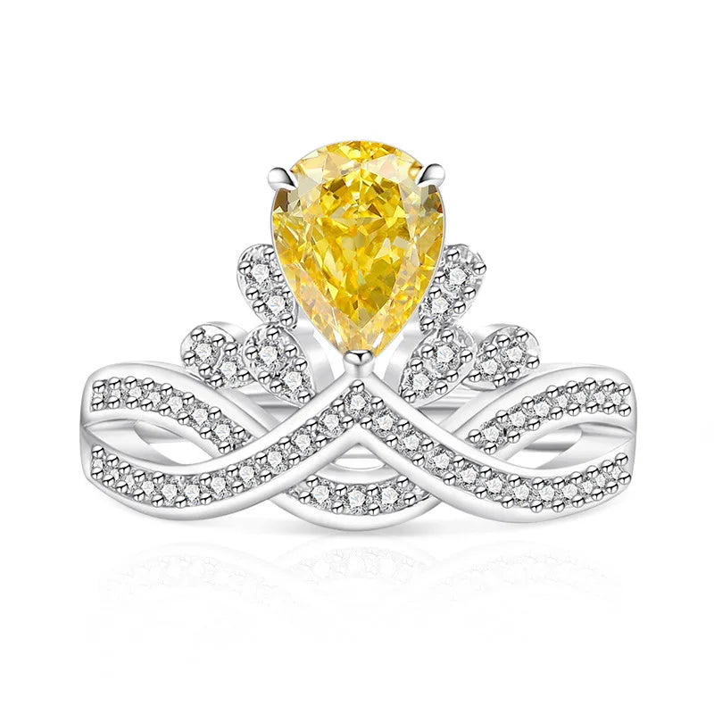 925 Sterling Silver Crown Teardrop Ice Flower Cut Cubic Zirconia Ring Twisted Split Shank Wedding Jewelry Gift for Women