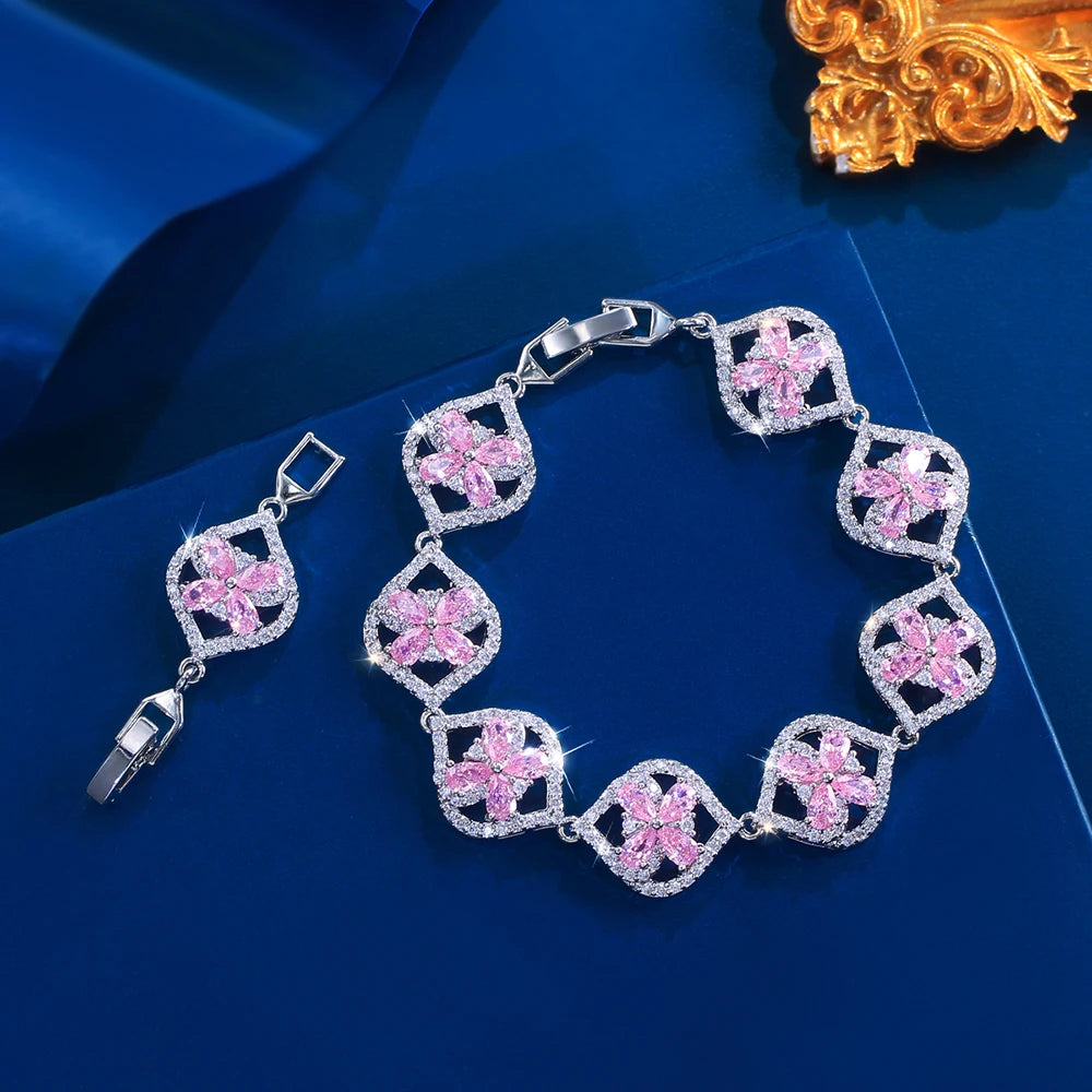 ThreeGraces Luxury Shiny Pink Cubic Zirconia Big Flower Leaf Shape Bridal Wedding Party Link Chain Bracelet for Women BR439