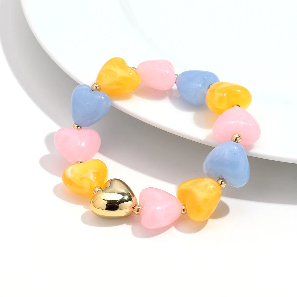 Sweet Resin Love Heart Beads Elastic Bracelets for Women Cute Geometric Heart Shape Stretch Bracelet Party Jewelry Gifts