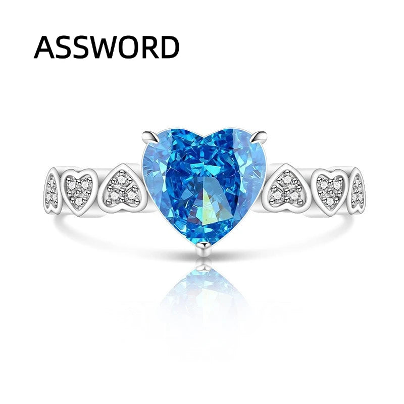 925 Sterling Silver Heart Cut Birthstone Ring for Women Multi Heart Pave CZ Band Solitaire Wedding Band Romantic Jewelry Gift