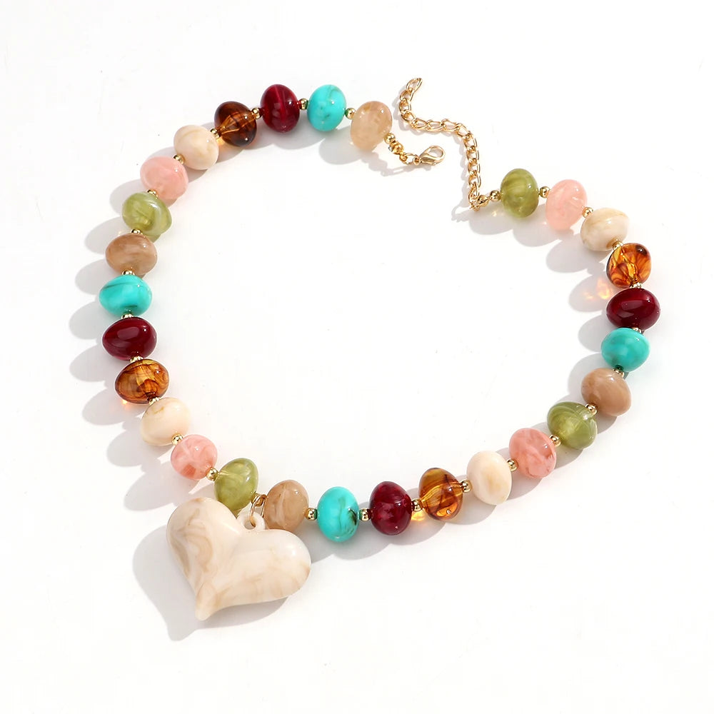 Fashion Acrylic Oval Round Beads Heat Pendant Necklace Boho Irregular Geometric Beaded Choker Necklaces New Party Jewelry Gifts