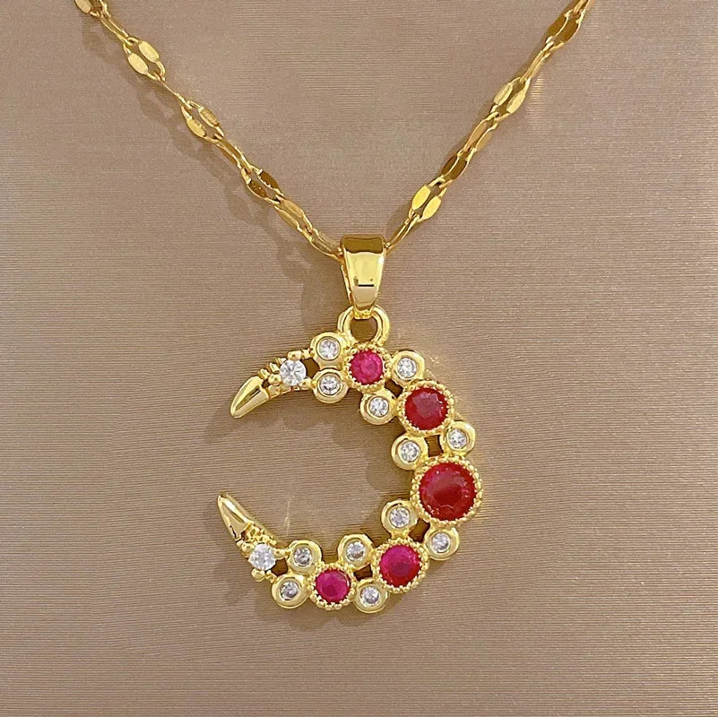 316L Stainless Steel Bending Moon Pendant Necklace For Women Girl New Trend Gold Color Crystal Neck Chain Jewelry Gift
