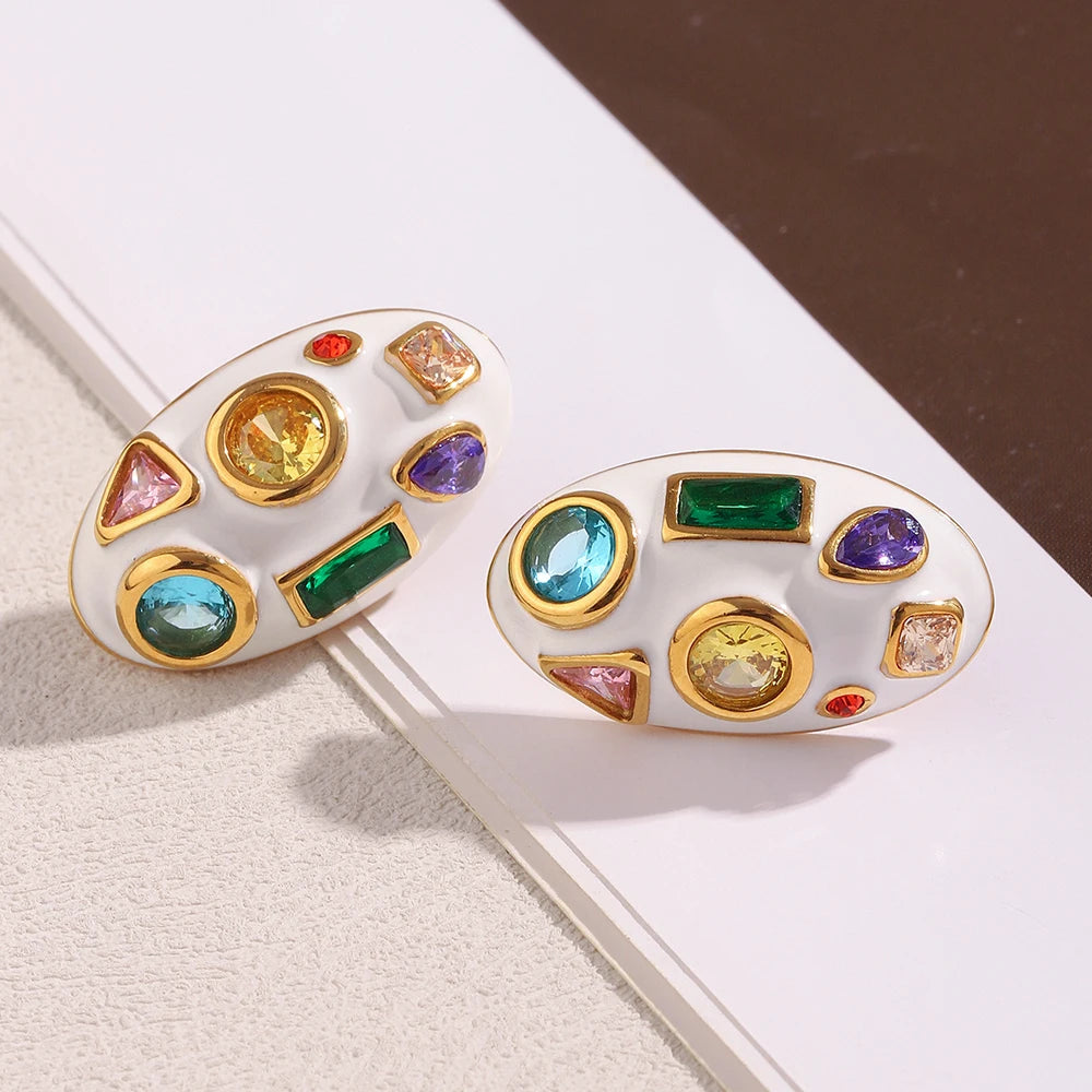 E.B.belle White Enamel Oval/Heart Coloful Geometric Zircon 18K Gold Plated Stainless Steel Women Party Statement Jewelry Gifts