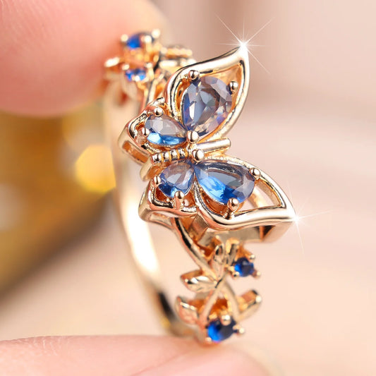 Small Butterfly Luxury Female Blue Zircon Stone Finger Ring Vintage Gold Color Wedding Band Bridal Jewelry For Women