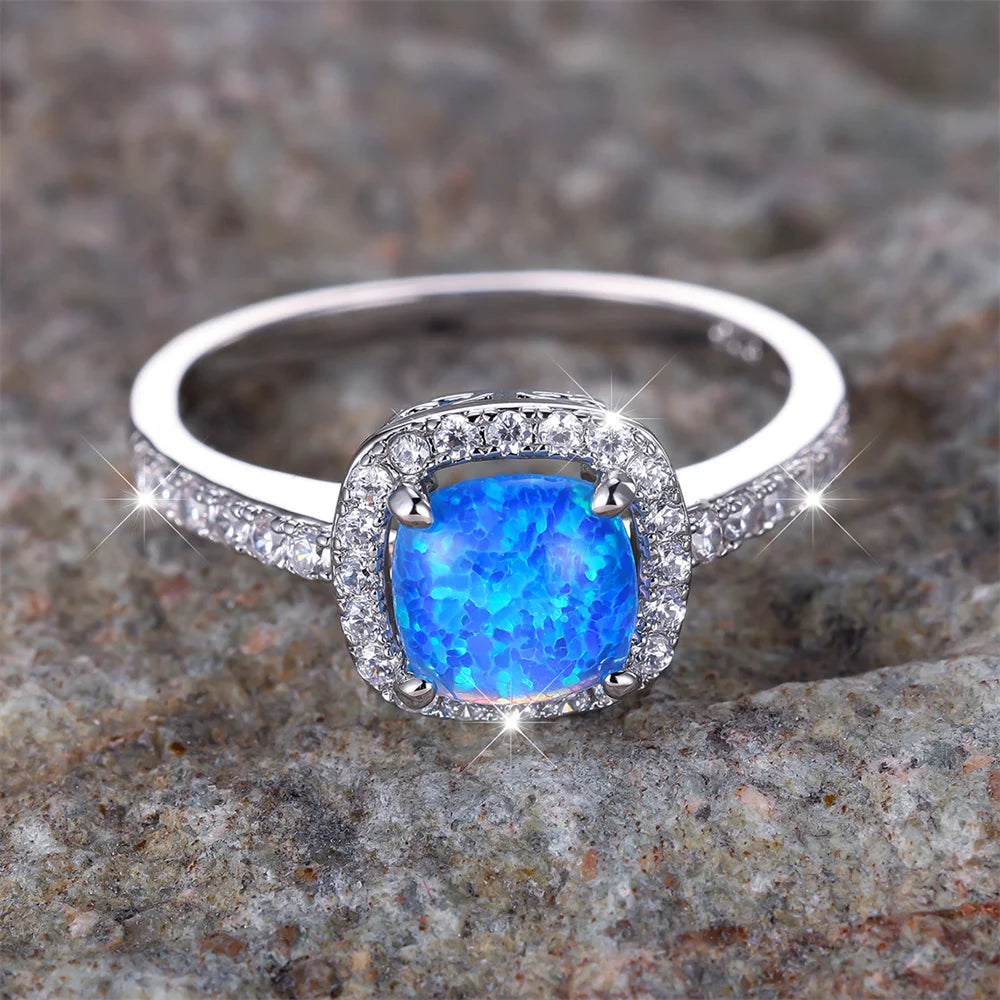 Blue Opal Square Engagement Ring White Round CZ Stone Wedding Rings For Women Silver Color Jewelry Simple Fashion Accessory Gift