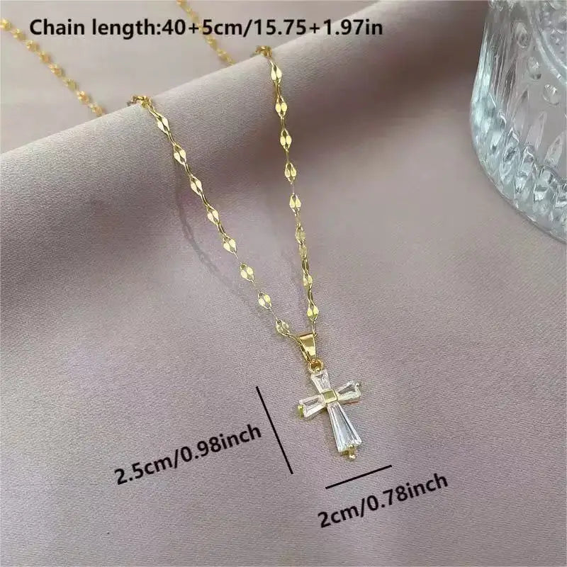 EILIECK 316L Stainless Steel Delicate Shiny Cubic Zirconia Cross Pendant Necklace for Women High Quality Jewelry Water Resistant