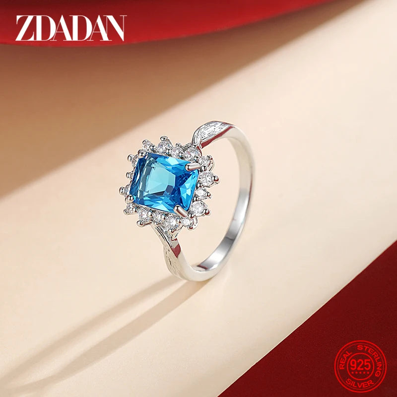 ZDADAN 925 Sterling Silver Light Blue Zircon Ring For Women Bride Jewelry Party Gift