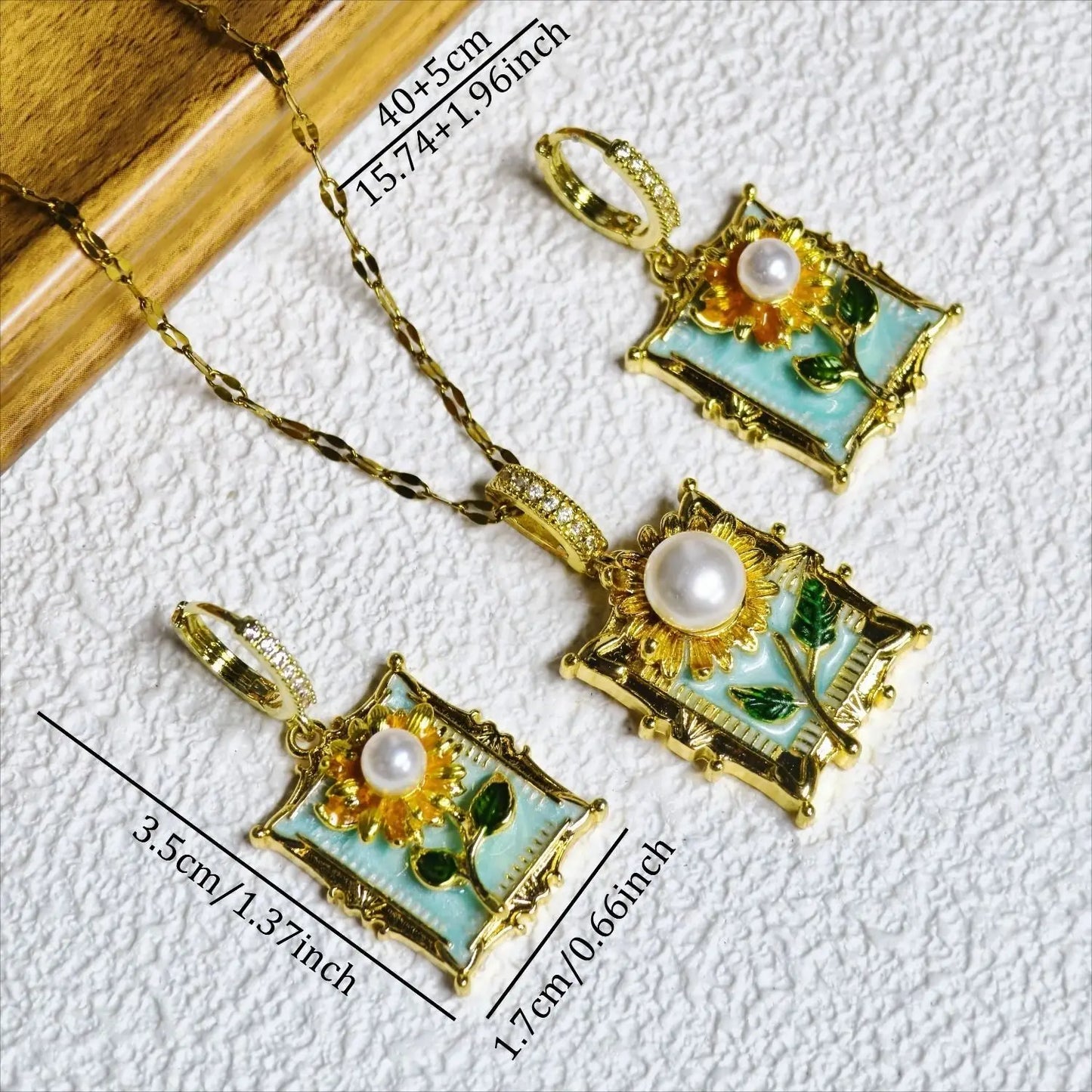 Monet Garden Sunflower Enamel Necklace Earring Set with Ancient Style, High Grade, Fashion Style, Clavicle Stainless Steel