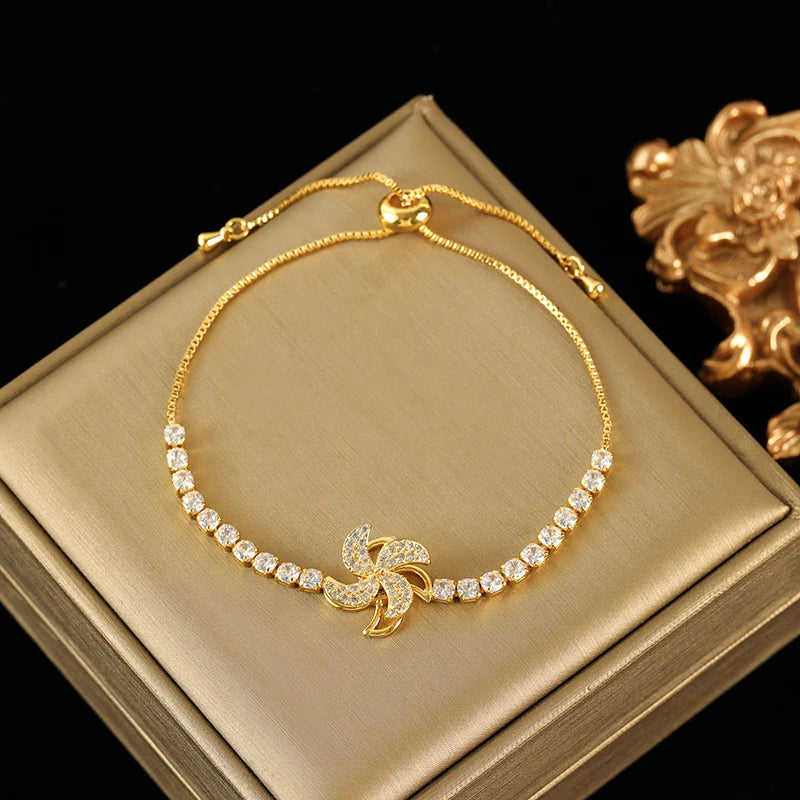 EILIECK New Fashion Stainless Steel Rotating Green Clover Zircon Necklace Bracelet Set For Women Trendy Waterproof Jewelry Gift