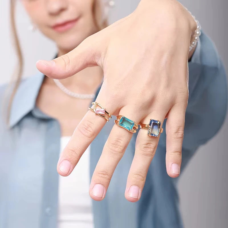 Stainless Steel Rings Gold Plated Colorful Stone Zircon Crystal Luxury Flower Ring For Women Wedding Jewelry Christmas Gift New