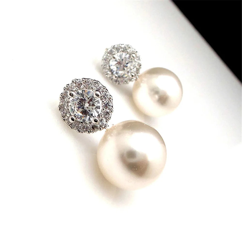 Cute Female Stone White Zircon Pearl Stud Earrings Silver Color Wedding Jewelry For Women