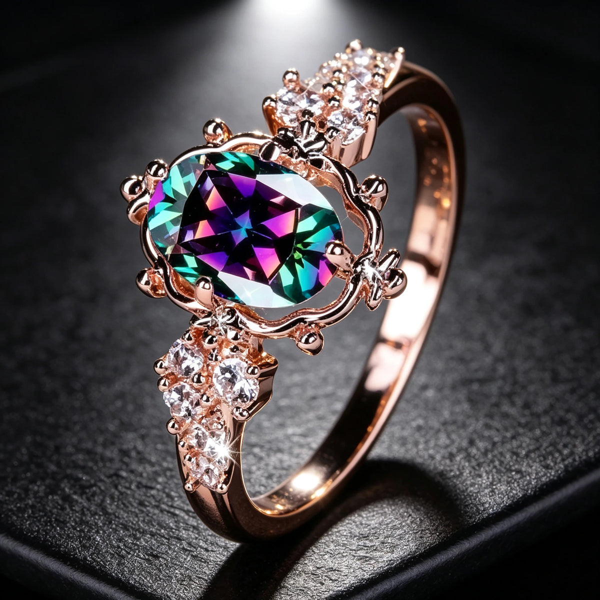 Mystic Rainbow Crystal Oval Stone Flower Rings For Women Trendy Rose Gold Color Wedding Ring Bridal Engagement Band Jewelry Gift