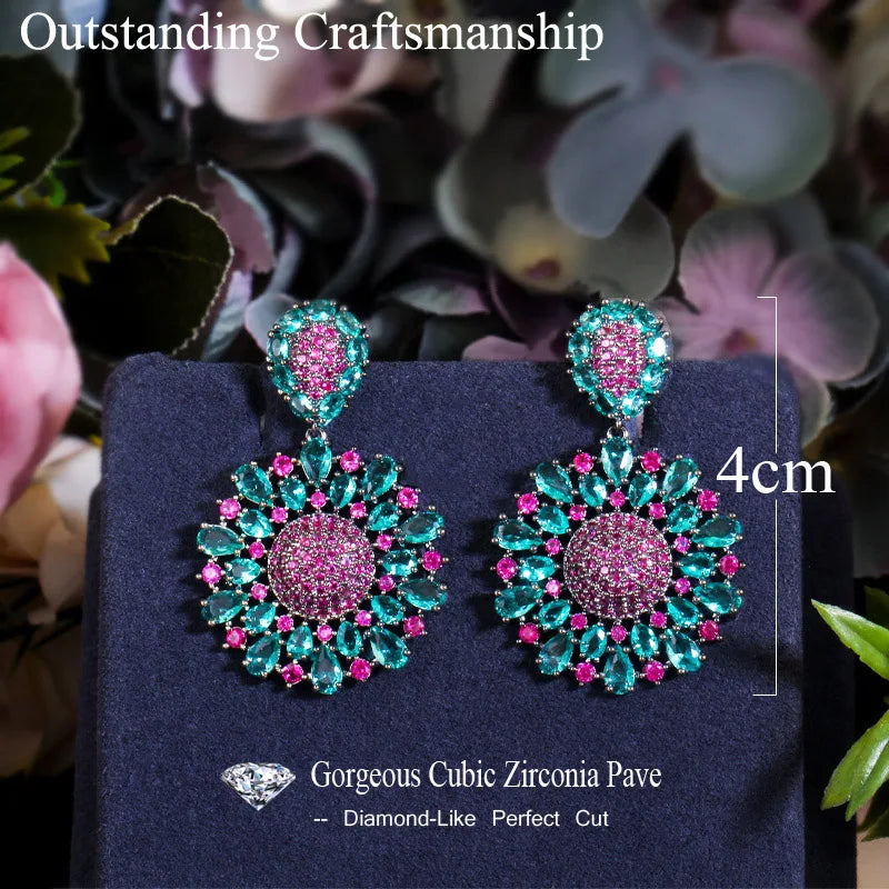 ThreeGraces Vintage Rose Red and Green Cubic Zirconia Long Big Dangle Flower Party Earrings for Women Party Jewelry E2124