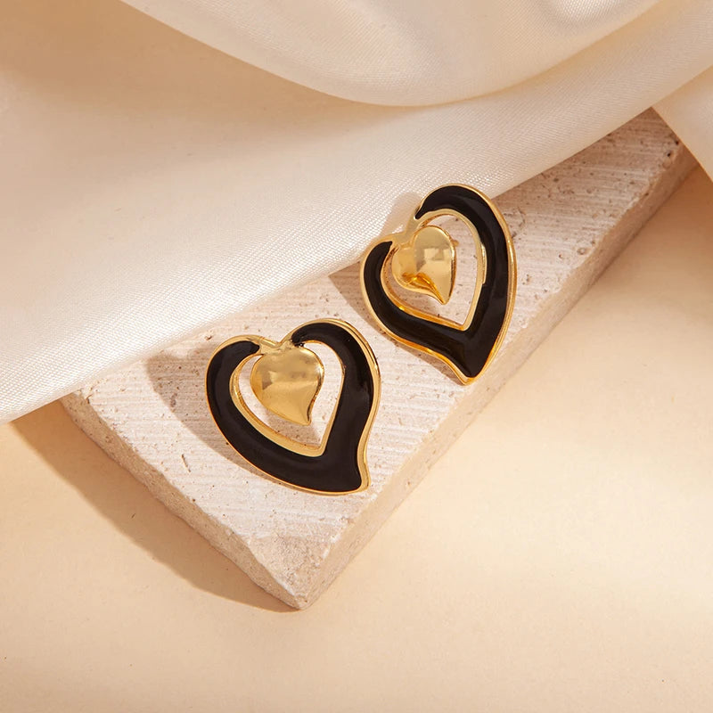 ANENJERY 316L Stainless Steel Hollow Double Heart Stud Earrings For Women Special Luxury Design Lady Jewelry Gifts