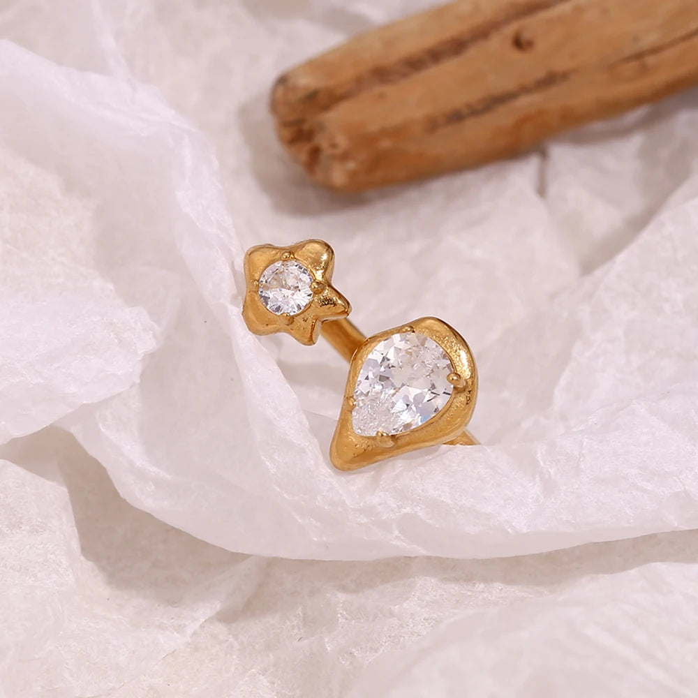 E.B.belle Asymmetric Opening Water Droplets Stars Zircon Ring 18K Gold Plated Women's Rings 316L Stainless Steel Accessories