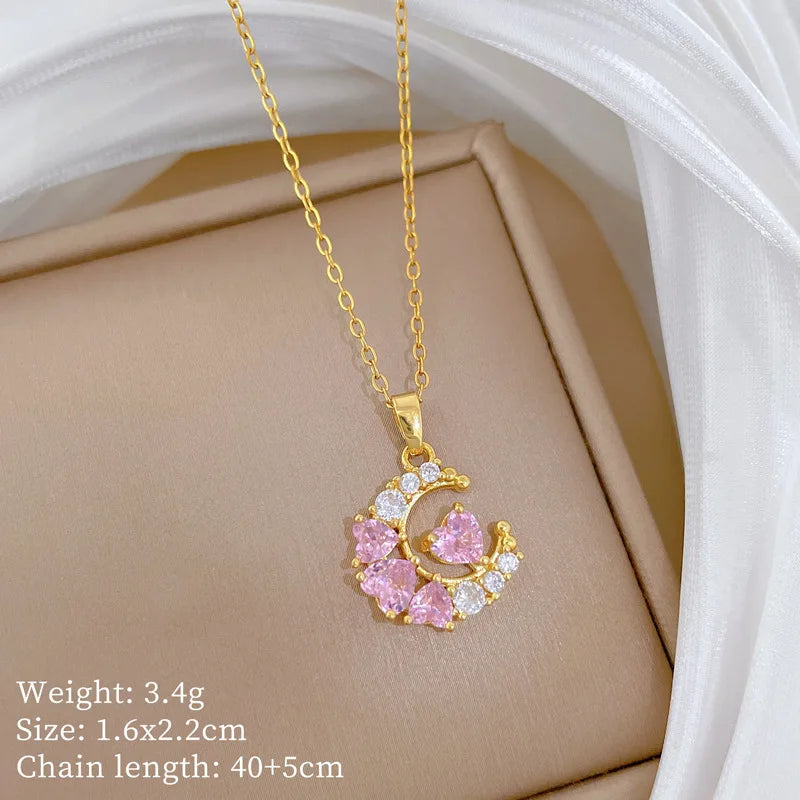 EILIECK 316L Stainless Steel Luxury Bling Zircon Moon Heart Pendant Necklace For Women 18K PVD Plated Neck Chain Jewelry Gift