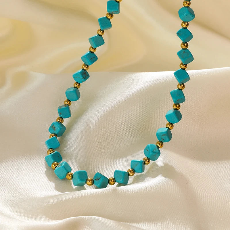 EILIECK 316L Stainless Steel Green Stone Necklaces Irregular Bead String Necklace Fashion Women's Vacation Jewelry Chain Chokers