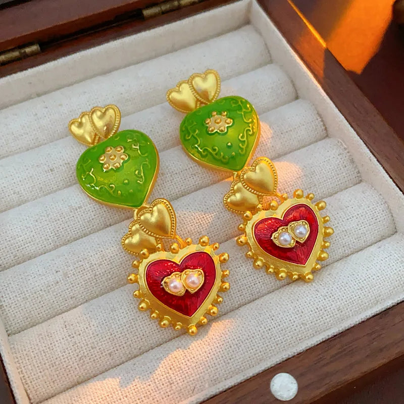 Vintage Bracelet Earrings Set for Women Drip Oil Love Flower Drop Earrings Light Luxury Jewelry Sets Wedding Party Gift