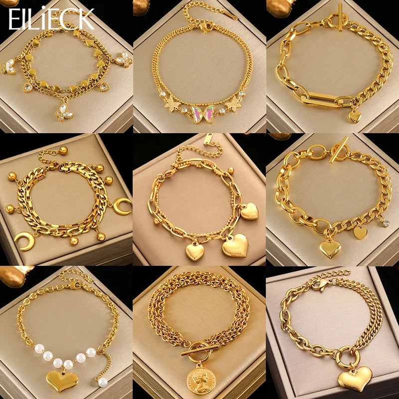 EILIECK 316L Stainless Steel Metal Gold Color Charm Bracelet Wrist Chain Trendy Texture Jewelry for Women Bijoux Femme Gift