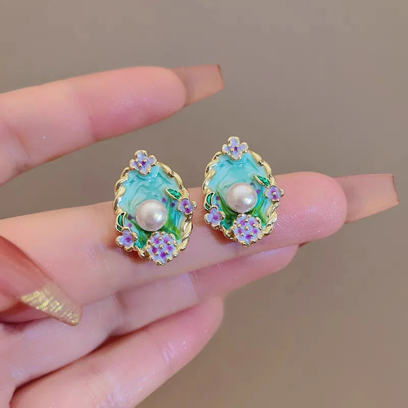 French Vintage Enamel Garden Pearl Earrings For Women Elegant Fashion Oil Drop Flower Stud Earrings Office Party Jewelry Gift