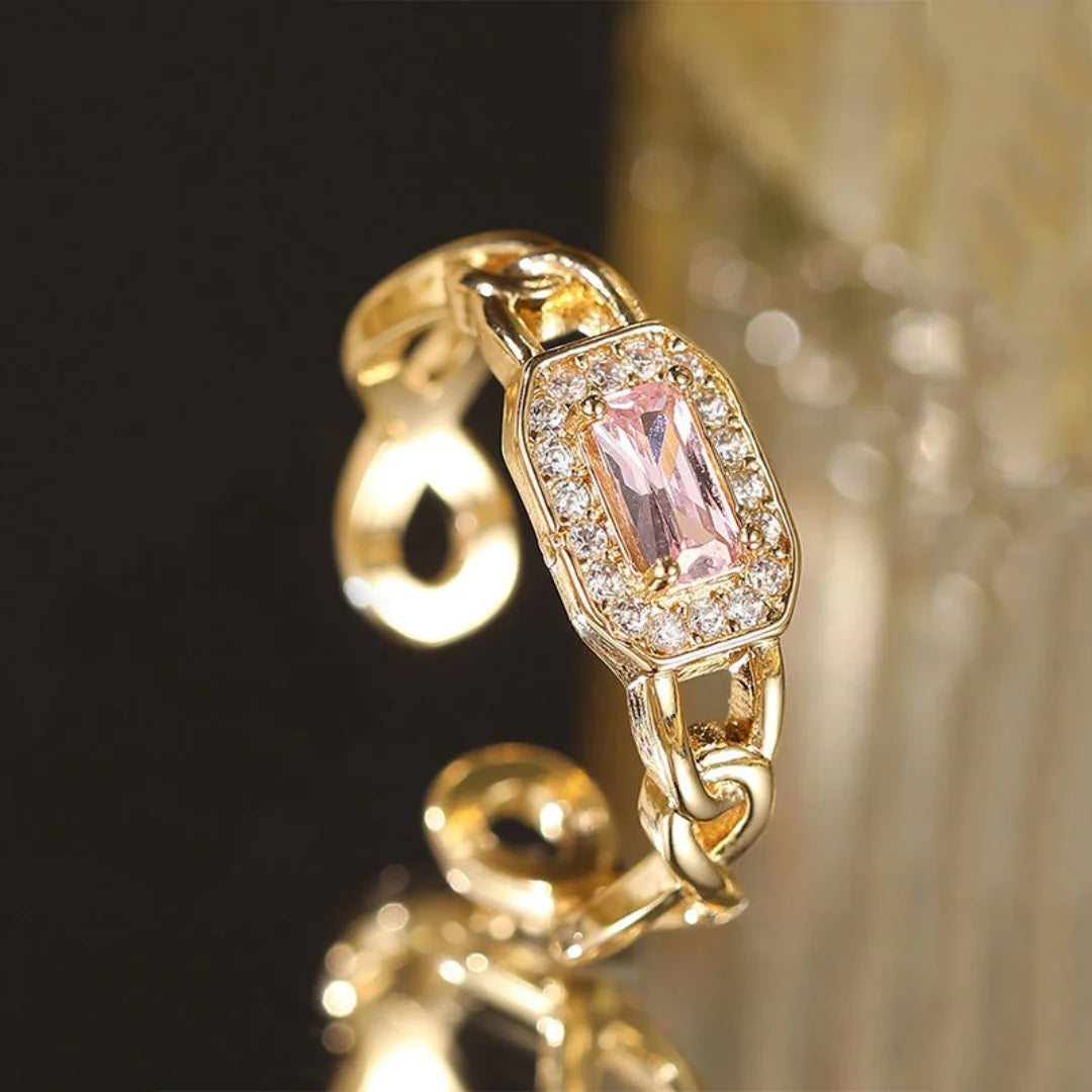 Cute Female Gold Color Pink Green Zircon Stone Wedding Rings Promise Open Adjustable Engagement Jewelry For Women
