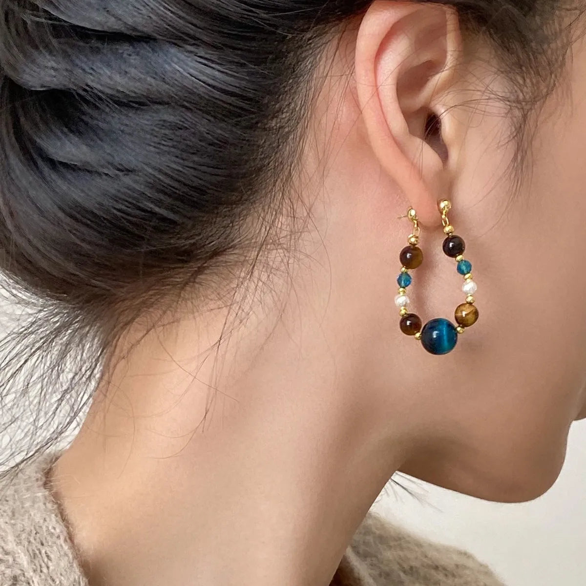 Fashion Retro Tigereye Stone Beads Earrings For Womem Vintage Ethnic Style Round Geometrics Earring Casual Party Jewelry Gift