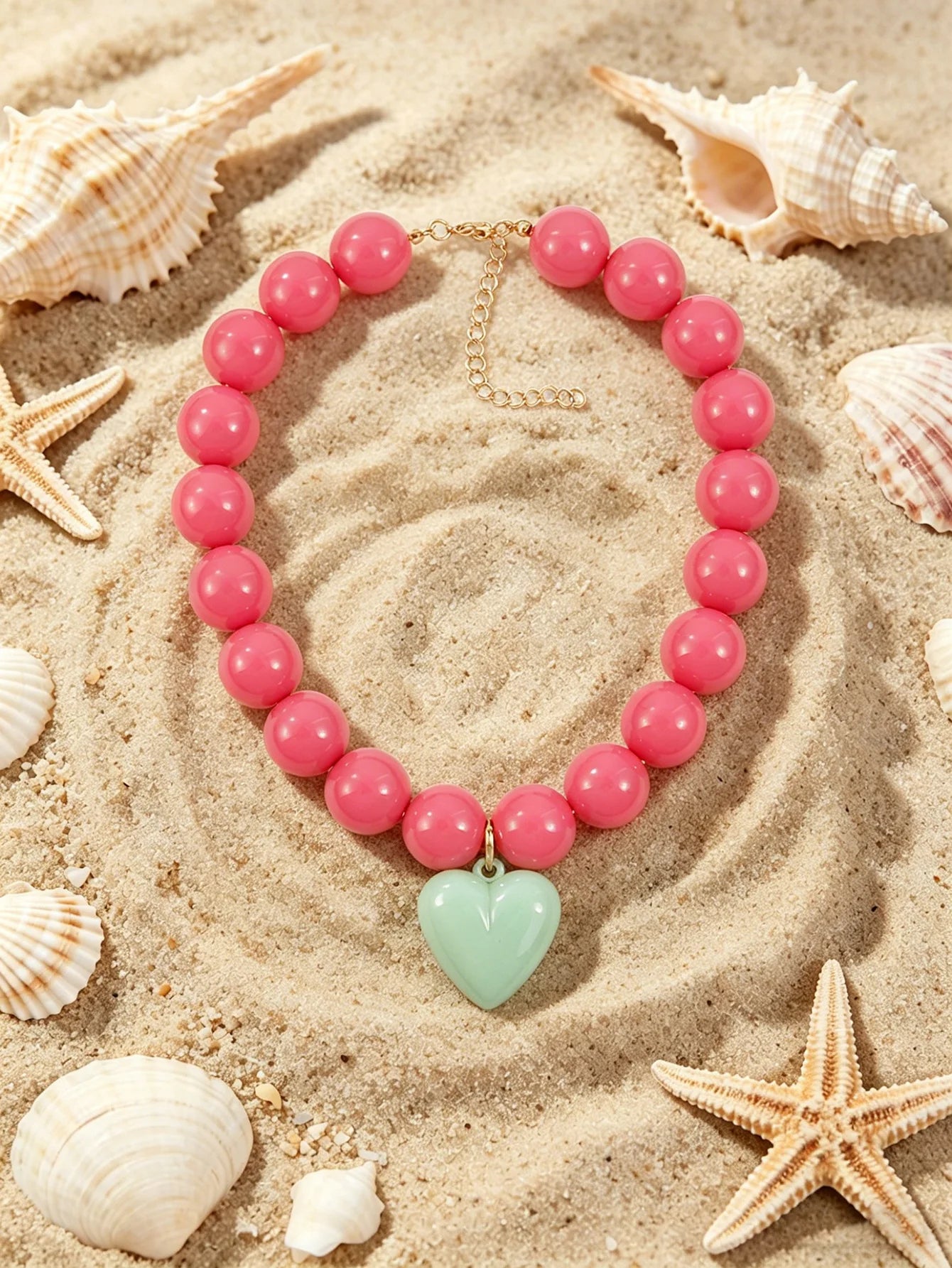 Pink Resin Beads with Detachable Pink Heart Pendant Necklace for Women Y2K Style Statement Jewelry Summer Party Gifts Accessory