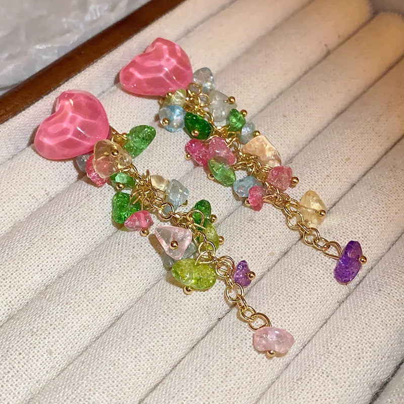 Multicolor Crystal Heart Earrings For Women Fashion Colorful Zircon Long Tassel Dangle Earrings Girls Party Daily Jewelry Gifts