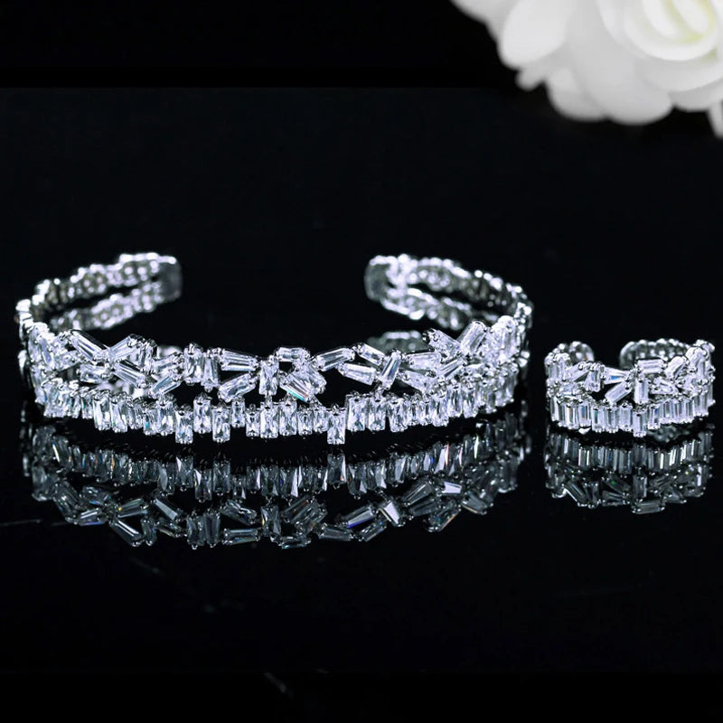 ThreeGrace Fashion Sparkling Cubic Zirconia Adjustable Size Bangle Ring Set for Women New Trendy Wedding Party Jewelry JS538