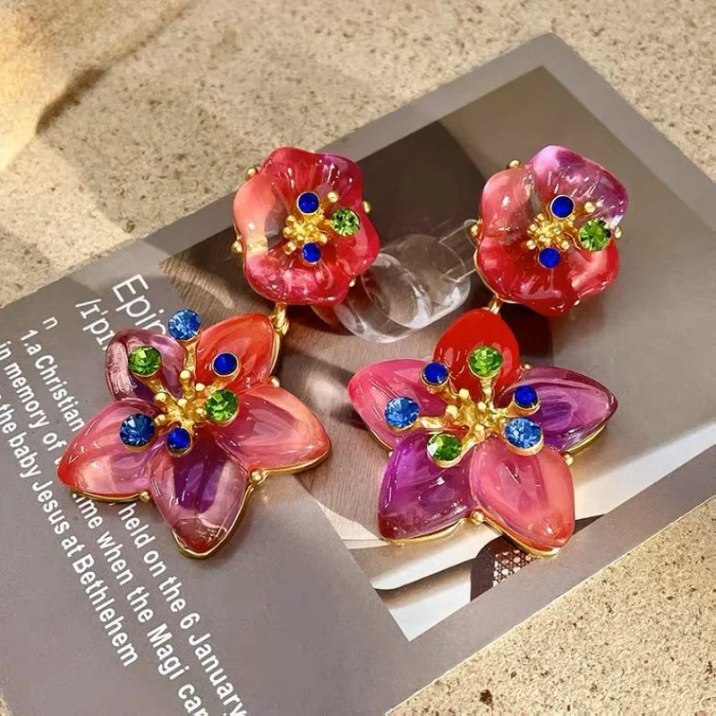 NISHIZAWA Gradient Crystal Earrings for Women Palace Style Vintage Flowers Aretes De Mujer Fashion Elegant Hyperbole Jewelry
