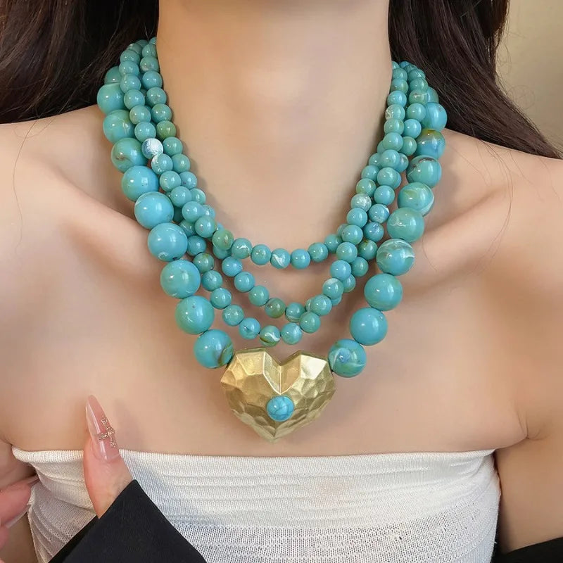Multilayer Acrylic Beaded Necklaces Geometric Heart Pendant Turquoise Boho Vintage Ethnic Chokers Collarbone Chain Women Jewelry