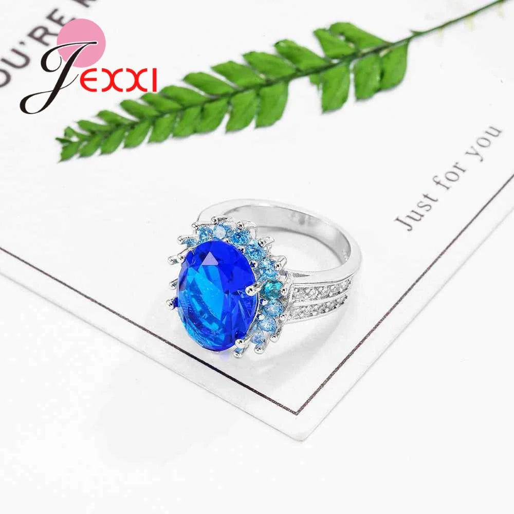 Fancy Big Sunflowers Clearly Blue Crystals Design Women Party Rings 925 Sterling Silver Color Accessory Best Gift Anniversary